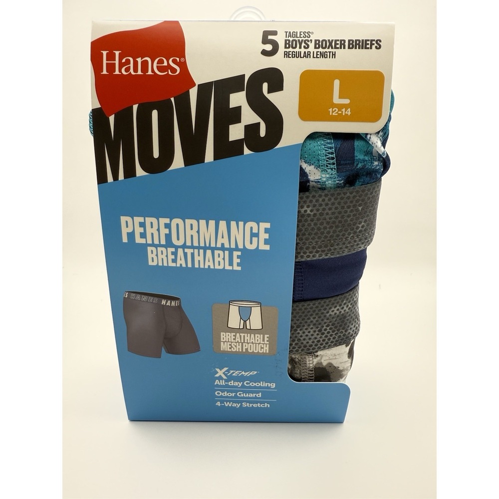 Hanes Boys Boxer Briefs 5 Pack Performance Breathable X-Temp Size L 12-14 New